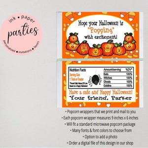 Halloween Jack-O-Lantern Pumpkin Party Popcorn Party Classroom Gifts Trick or Treat Wrappers Favors Personalized Custom ~ We Print and Mail