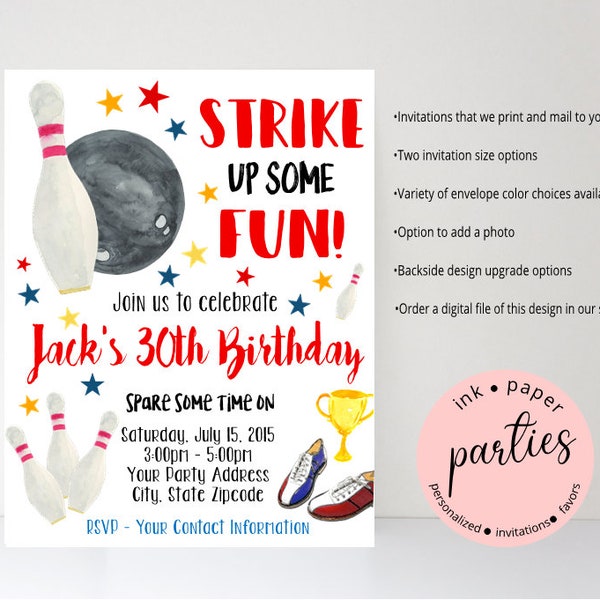 Bowling Pins Ball Bowl Birthday Party Invitations Invites Personalized ~ We Print and Mail