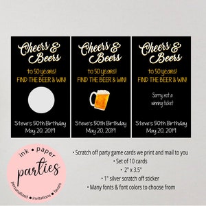 Cheers Beers - ANY AGE - Birthday Party Scratch Off Tickets Cards Favor Favors Game - We Print and Mail to you!