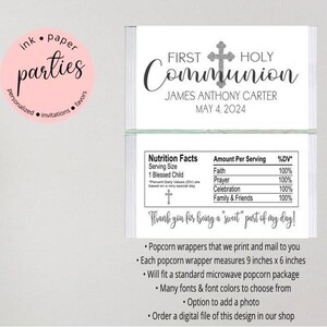 Communion Wrappers - Baptism Favor Labels - Confirmation Party Gift - First Communion Popcorn Wrapper - Personalized Baptism Popcorn Labels
