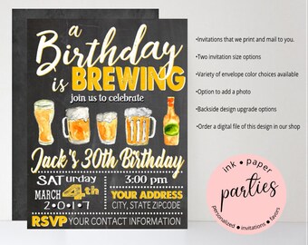 Cheers & Beers "A Birthday is Brewing" Beer Mug Birthday Party Invitations Invites Personalized Custom ~ We Print and Mail to You