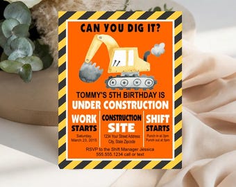 May include: A rectangular invitation card with a bright orange background and black and yellow diagonal striped borders. It features a watercolor illustration of a yellow excavator and text reading CAN YOU DIG IT? TOMMY'S 5TH BIRTHDAY IS UNDER CONSTRUCTION.