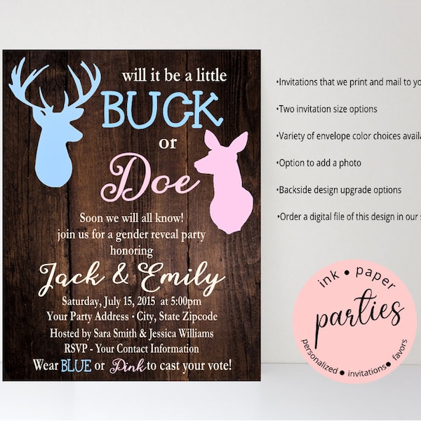 Baby Shower Gender Reveal Deer Buck Doe Party Invitations Invites Personalized Custom Designed ~ We Print and Mail to You