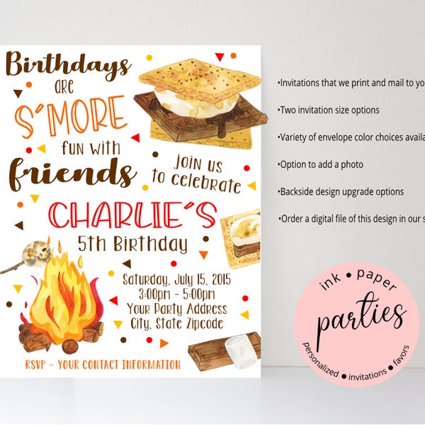 Smore's Smores Camping Camp Bonfire Tent Wilderness Birthday Party Invitations Invites Personalized Custom ~ We Print and Mail to You