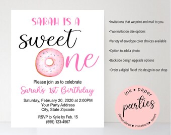Donut Sweet One First Birthday Party Invitations Invites Personalized Custom~ We Print and Mail to You