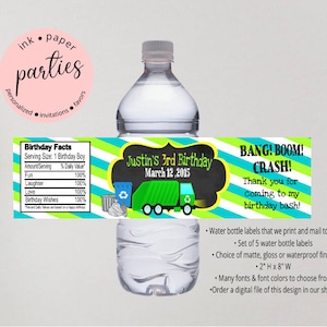 Garbage Trash Recycling Truck Birthday Party Favors Favor Water Bottle Labels Wrappers - We Print and Mail to you!
