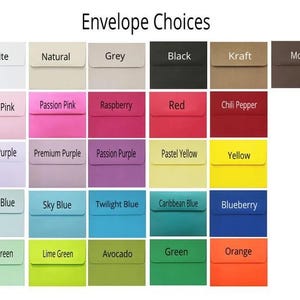 a collection of envelope color choices, including pastel shades such as white, natural, grey, black, Kraft, mocha, pastel pink, raspberry, red, chili pepper, passion purple, premium purple, passion yellow, yellow, pastel blue, twilight blue, tropical blue, blueberry, lime green, avocado, green, and orange.