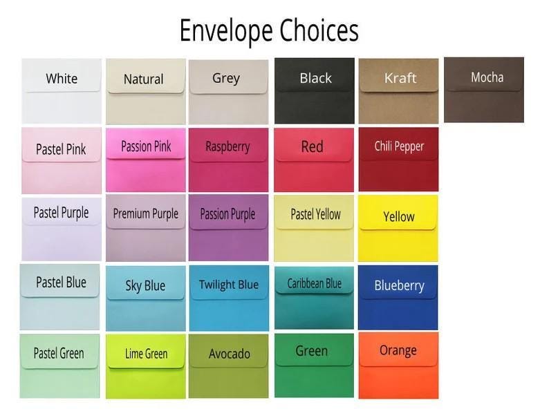a collection of envelope color choices, including pastel shades such as white, natural, grey, black, Kraft, mocha, pastel pink, raspberry, red, chili pepper, passion purple, premium purple, passion yellow, yellow, pastel blue, twilight blue, tropical blue, blueberry, lime green, avocado, green, and orange.