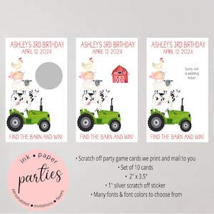 Barn Farm Animals - Scratch Off Cards - Birthday Party Game - Personalized Favor Tickets