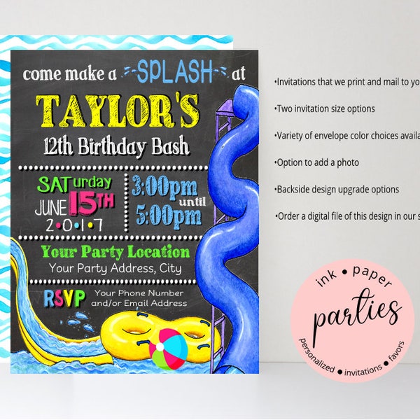 Waterslides Water Slide Pool Swim Swimming Birthday Party Invitations Invites ~ We Print and Mail to You