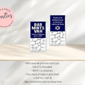 May include: Two clear rectangular containers filled with white mints. Each container has a navy blue label with white text that reads "BAR MINTS VAH" and "Andrew Goldberg June 1, 2017". The other container has a navy blue label with white text that reads "Thank you for sharing in our joy as our son was called to the Torah."
