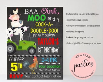 Barn Farm Animals Tractor Barnyard Birthday Party Invitations Invites ~ We Print and Mail to You