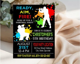 May include: A black rectangular invitation card for a paintball party featuring white silhouettes of players, colorful paint splatters, and text reading READY, AIM, FIRE! GEAR UP FOR A PAINTBALL PARTY, CHRISTOPHER'S 5TH BIRTHDAY, AUGUST 31ST, 12-4 PM.
