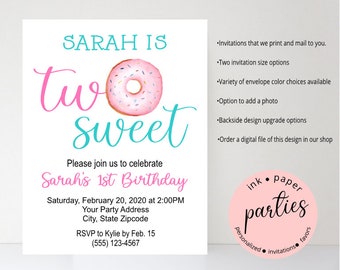 Donut Two Sweet First Birthday Party Invitations Invites Personalized Custom~ We Print and Mail to You