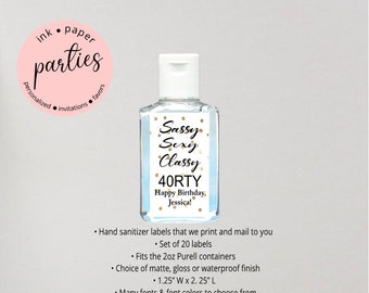 Sassy Classy ~ ANY AGE ~ Birthday Hand Sanitizer Labels Party Favor Favors Personalized Custom Design - We Print and Mail