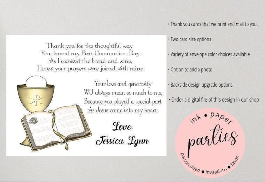 Communion Thank You Cards - Baptism Note Card - Confirmation Thank You ...