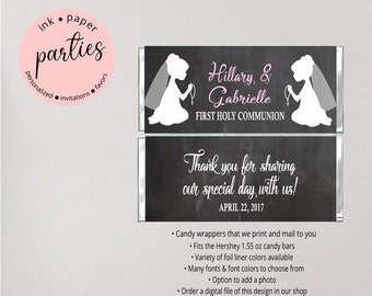 First Communion Twins Girls Shadow Chalkboard Party Candy Wrappers Favors Personalized Custom ~ We Print and Mail to You