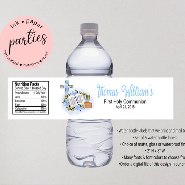 First Holy Communion Blue Cross Party Favors Favor Water Bottle Labels Wrappers Personalized Custom