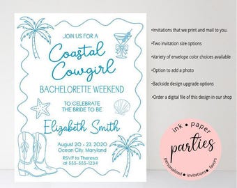 Coastal Cowgirl Invitation - Bachelorette Beach Weekend Invitations - Cowgirl Bridal Shower Invitation - Beach, Martini Birthday Invitation