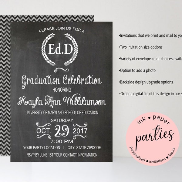 Ed.D. College School Education Graduation Party Invitations Invites Announcement Personalized ~ We Print and Mail