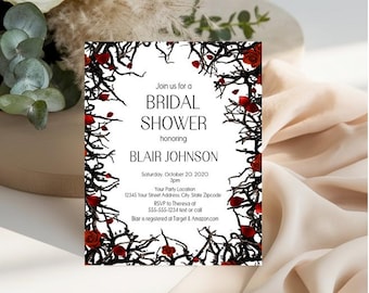 Gothic Wedding Invitation - Red Roses Bridal Shower Invitations - Halloween Couples Shower Invitation - Halloween Flowers Wedding Invitation