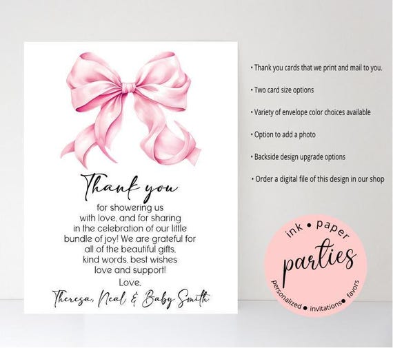 Pink Bow Baby Shower Thank You Cards - Baby Shower Note Card - Thank You Notes - Photo Thank You - Bridal Shower, Birthday Thank You Cards