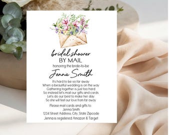 May include: A white rectangular bridal shower invitation card featuring a watercolor illustration of a tan envelope filled with pink and purple flowers. The text reads: bridal shower BY MAIL honoring the bride-to-be Jenna Smith, followed by a poem and mailing address details.