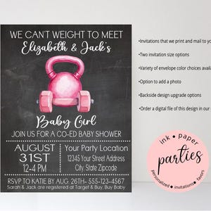 Baby Shower Fitness WOD Gym Barbell Weights Rings Kettlebell Party Chalkboard Invitations Personalized - We Print & Mail