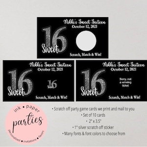 Sweet 16 Sixteen Birthday Party Scratch Off Tickets Cards Favor Favors Game - We Print and Mail to you!