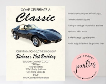 Vintage Classic Retro Car - Birthday Party Invitations - Invites Personalized Custom ~ We Print and Mail to You