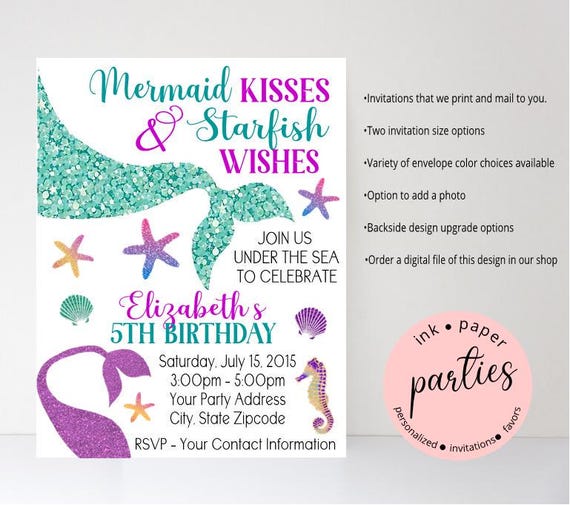 Mermaid Tails Invitation - Under the Sea Ocean Birthday Party Invitations - Personalized Mermaid Tail Invites ~ We Print and Mail to You