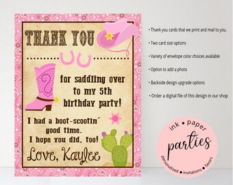 Cowgirl Boots Western Birthday Party Thank You Note Cards ~ We Print and Mail to You