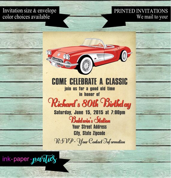 vintage classic retro car birthday party invitations invites personalized custom we print and mail to you car party invitations