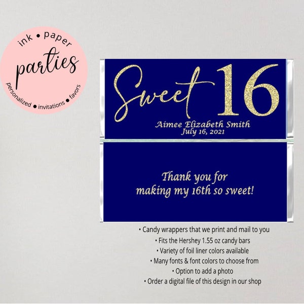 Sweet 16 Sixteen Birthday Party Candy Wrappers Favors Personalized Custom ~ We Print and Mail to You