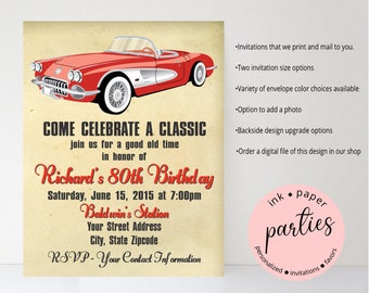Vintage Classic Retro Car Birthday Party Invitations Invites Personalized Custom ~ We Print and Mail to You