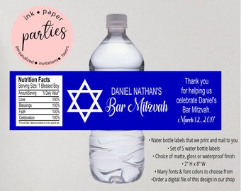 Bar Mitzvah Star of David ~ ANY COLOR ~ Party Favors Favor Water Bottle Labels Wrappers Personalized Custom