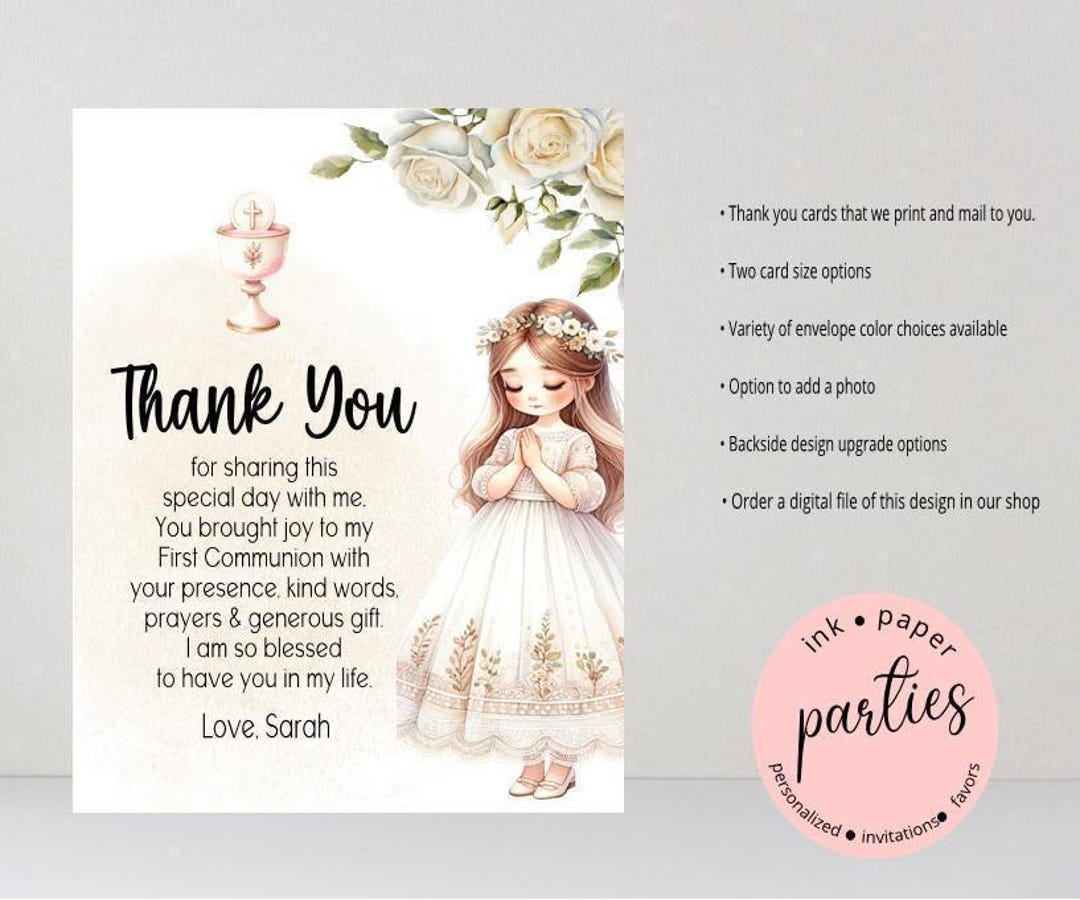 Communion Thank You Cards - Baptism Note Card - Confirmation Thank You ...