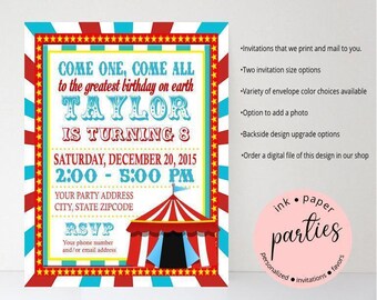 Circus Birthday Invitation - Carnival Birthday Invitations - Circus Tent Party Invitations - Personalized Circus Carnival Party Invitations