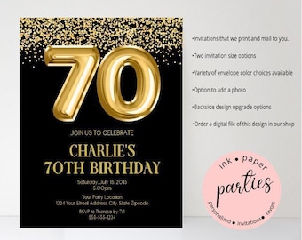 70th Birthday Invitation - Any Age Invitation, Gold Balloon Invitations - Milestone Birthday, 30th, 40th, 50th, 60th, 80th Party Invitation