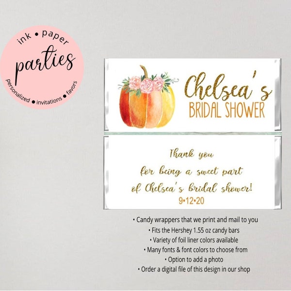 Fall, Falling in Love, Pumpkin Floral, Flowers - Birthday, Bridal, Baby Shower - Chocolate Candy Labels Wrappers- Personalized Party Favors