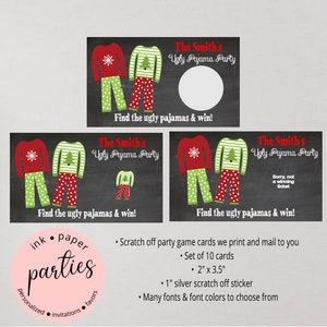 Holiday Christmas Ugly Tacky PJs Pajama Attire Clothes Sweater Party Scratch Off Tickets Cards Favor Favors Game - We Print and Mail to you!