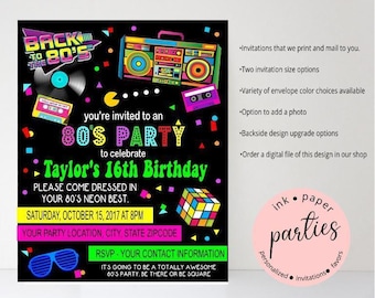 May include: Black invitation card with a vibrant 80s theme. Features a boombox, cassette tapes, and a record. Text includes "80's Party" and "Taylor's 16th Birthday". Includes neon colors and retro graphics.