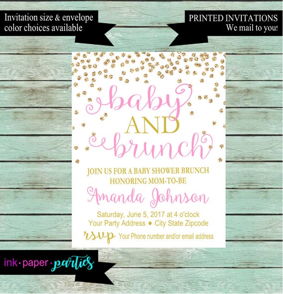 Baby Shower Baby & Brunch Pink Gold Confetti Party Invitations | Etsy