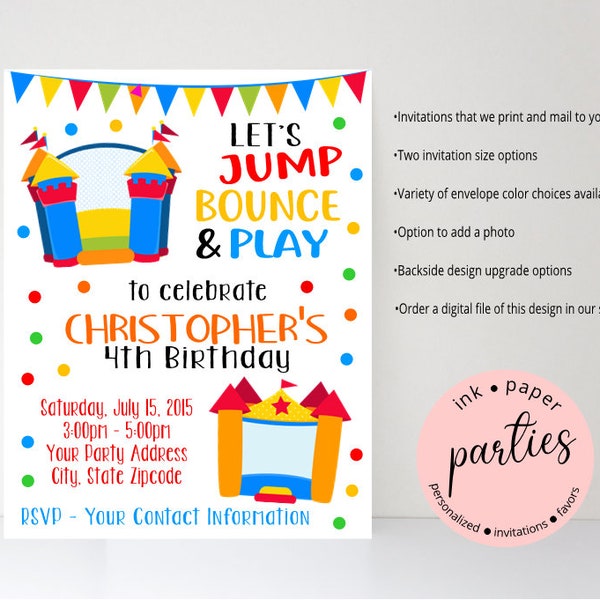 Bounce Moon House Moonbounce Boys Jump Jumping Trampoline Birthday Party Invitations Invites ~ We Print and Mail to You
