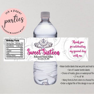 Sweet Sixteen Princess Tiara Crown Birthday Party Favors Favor Water Bottle Labels Wrappers Personalized - We Print and Mail to you!