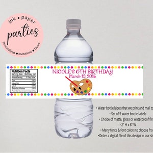 Art Paint Birthday Party Favors Water Bottle Labels Wrappers Personalized - We Print & Mail