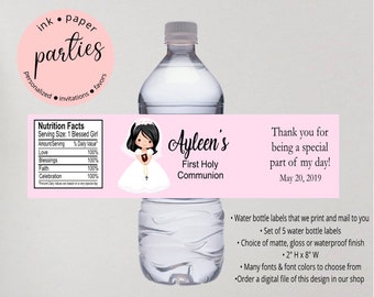 First Holy Communion  Girl Party Favors Favor Water Bottle Labels Wrappers Personalized Custom