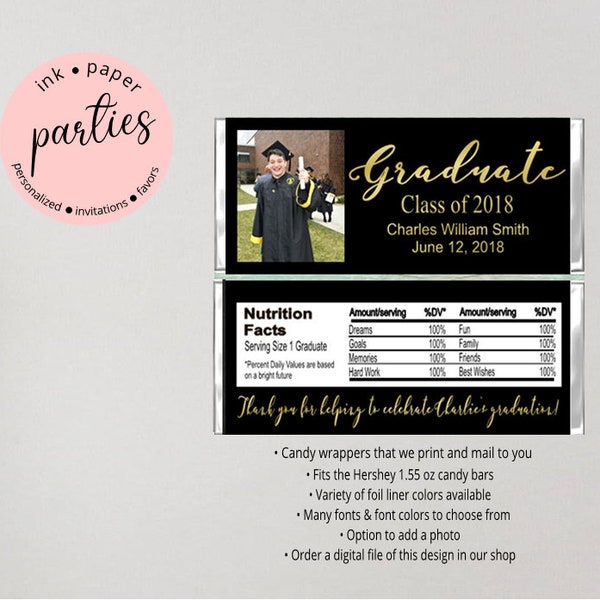 Graduation Graduate Your Photo Class of ~ ANY COLORS ~ Party Candy Wrappers Favors Personalized Custom Design ~ We Print and Mail to You