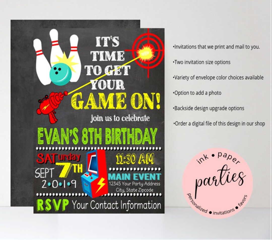 Bowling Laser Tag Arcade Games Sports Chalkboard Birthday Party