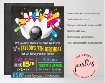 Bowling Bowl Pins & Ball Birthday Party Chalkboard Invitations Invites ~ We Print and Mail to You